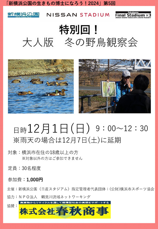 2024年12月1日（日）新横浜公園「大人版 冬の野鳥観察会」開催